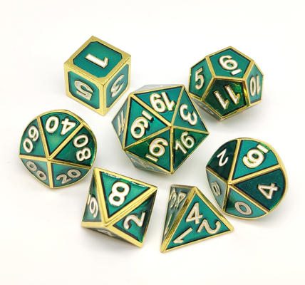 تاس RPG فلزی سبز چند وجهی قابل حمل با بسته بندی جعبه هدیه نفیس